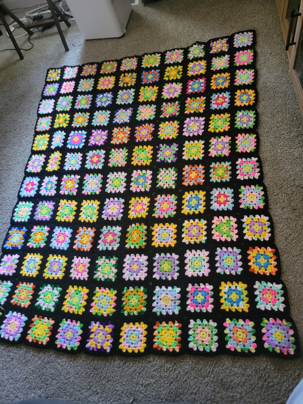 Vintage Handmade Neon Crochet Granny Square Throw Blanket